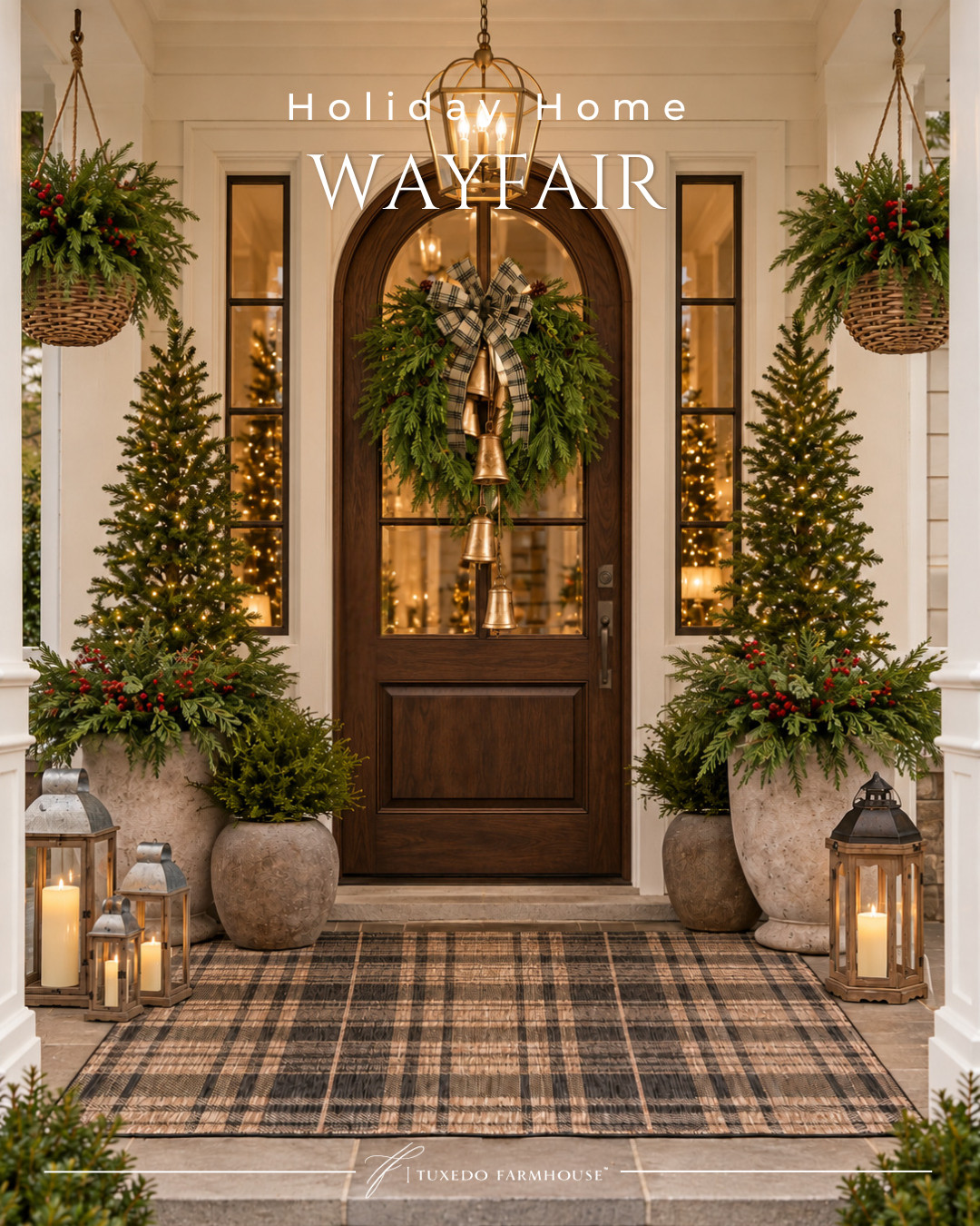 Holiday curb appeal made easy! 🎄 I love the mix of lush greenery, warm lights, classic plaid and those beautiful brass bells. The layered planters, lanterns and Christmas trees make the whole porch feel so welcoming and festive. So many pretty Wayfair finds for creating a holiday-ready entrance!

#LTKHome #LTKSeasonal #LTKHoliday #ChristmasPorch #HolidayDecor #WayfairFinds #ChristmasDecor #FrontPorchDecor 

 #LTKSeasonal #LTKHome #LTKSaleAlert