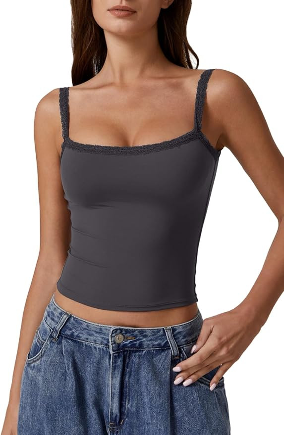 QINSEN Womens Square Neck Lace Trim Tank Top Double Lined Slim Fitted Y2k Going Out Camisole Shir... | Amazon (US)