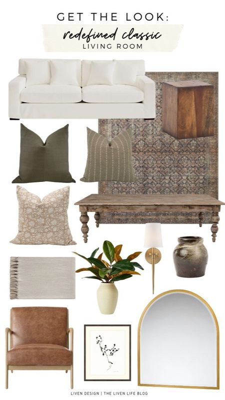Living room home decor. Home accents. Side table. Coffee table. Reclaimed wood coffee table. Olive green pillow. Distressed traditional rug. Block print pillow. Shade brass wall sconce. Terracotta vase. Leather accent chair. Botanical art. Arch mirror. Mantel mirror. 

#LTKSeasonal #LTKHome #LTKStyleTip
