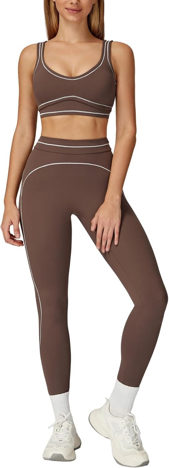 Women 2 Piece Workout U Back Color Block Sports Bra High Waist Tummy Control Active Leggings Yoga Pilates Outfits | Amazon (US)