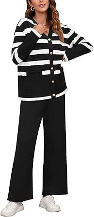 Viottiset Women's 2 Piece Outfits Stripe Sweatsuit Set Long Sleeve Button Sweatshirt Wide Leg Swe... | Amazon (US)