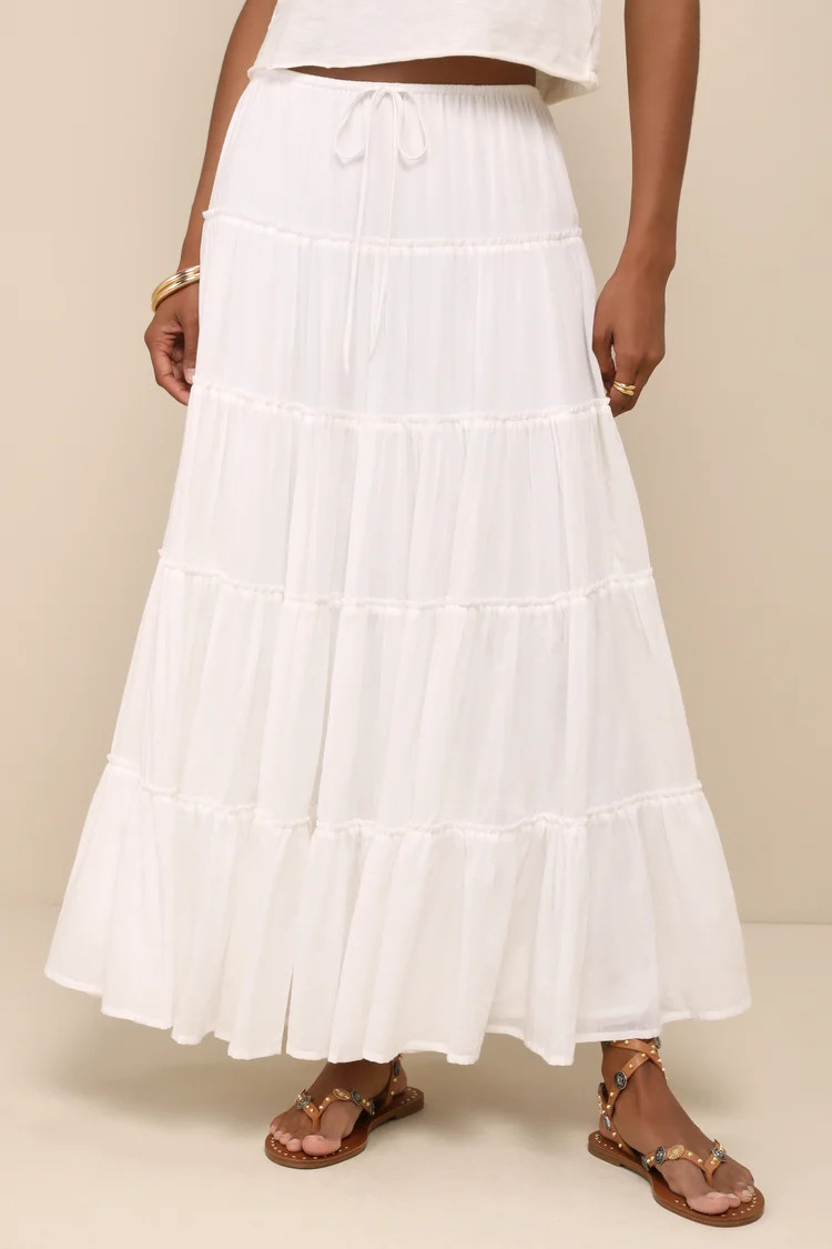 Relaxed Charm White Gauzy Tiered Drawstring Maxi Skirt | Lulus