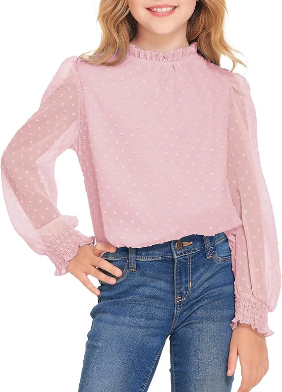 Arshiner Girls Long Sleeve Shirts Chiffon Blouses Swiss Dot Frill Neck Casual Loose Cute Top Tee | Amazon (US)