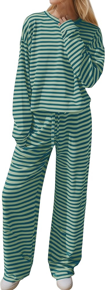 Ythomm Striped Pajamas Womens 2 Piece Sets Long Sleeve Tee Shirts Drawstring Wide Leg Pants Match... | Amazon (US)