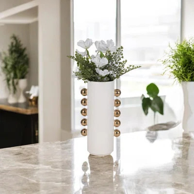 White and Gold Ceramic Cylinder Vase With Side Knobs | Wayfair North America