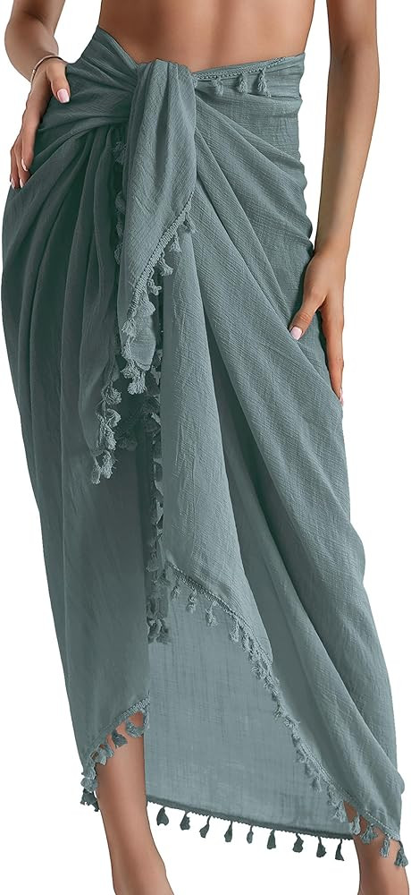 Eicolorte Beach Sarong Pareo Womens Semi-Sheer Swimwear Cover Ups Short Skirt with Tassels | Amazon (US)