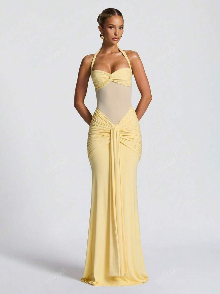 Sexy Spaghetti Strap Backless Waist Cinched High Slit Dress, Mesh Patchwork Vacation Party Dress | SHEIN
