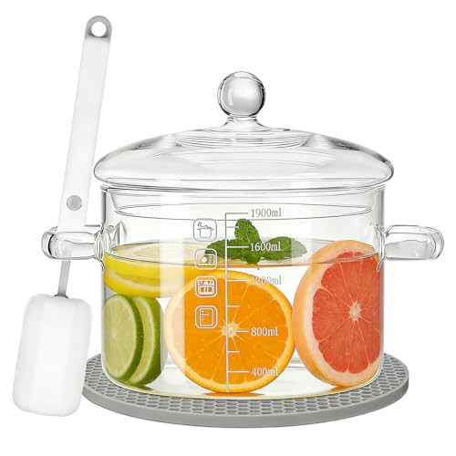 1.9L/64oz Glass Simmer Pot for Stove Top, Glass Cookware with Graduations, Heat Resistant Borosilicate Clear Stockpots for Soup, Milk, Baby Food - Includes Cleaning Brush & Silicone Mat | Amazon (US)