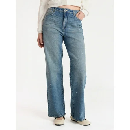No Boundaries Studded Wide Leg Jeans, 31'' Inseam, Women’s | Walmart (US)