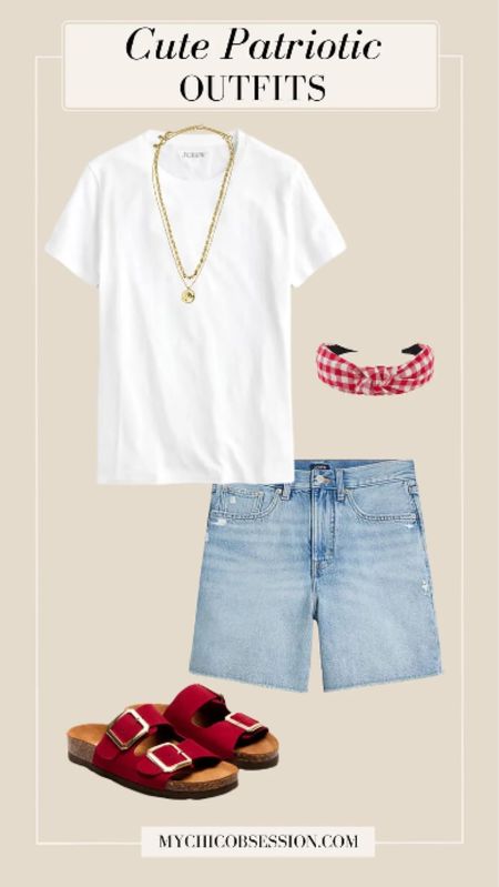 Step into the spirit of Memorial Day weekend with a simple and casual ensemble that nods to both comfort and style. Start with a pair of your favorite denim shorts, the kind that feels like a second skin and exudes a cool, casual vibe.

Pair them with a crisp white tee, a timeless staple in any wardrobe. Accessorize with red slide sandals, gold necklaces and a red gingham headband.

#LTKSeasonal #LTKStyleTip