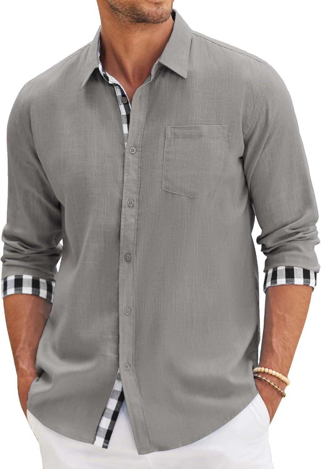 COOFANDY Men's Casual Linen Dress Shirt Plaid Collar Long Sleeve Button Down Shirt       Add to L... | Amazon (US)