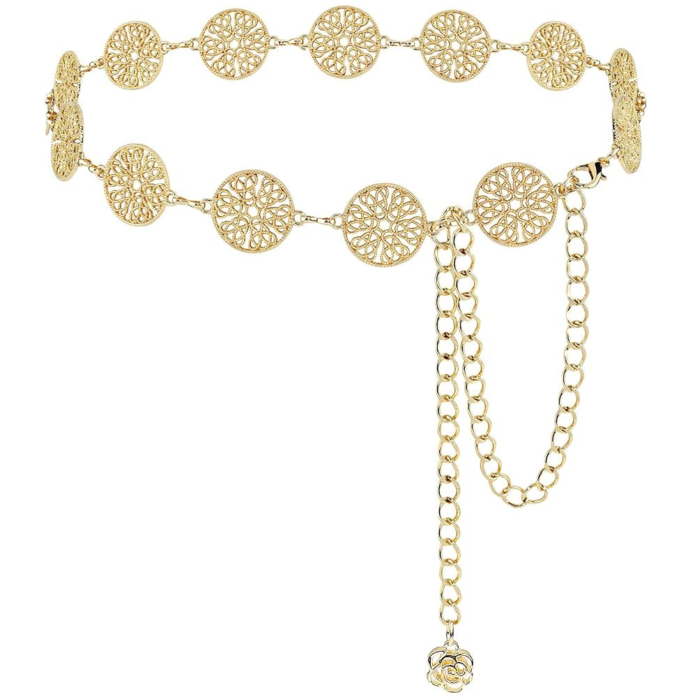 DTWAWA Hollow Round Decor Chain Belts for Women, Metal Waist Chain Plus Size for Her Dresses | Amazon (US)