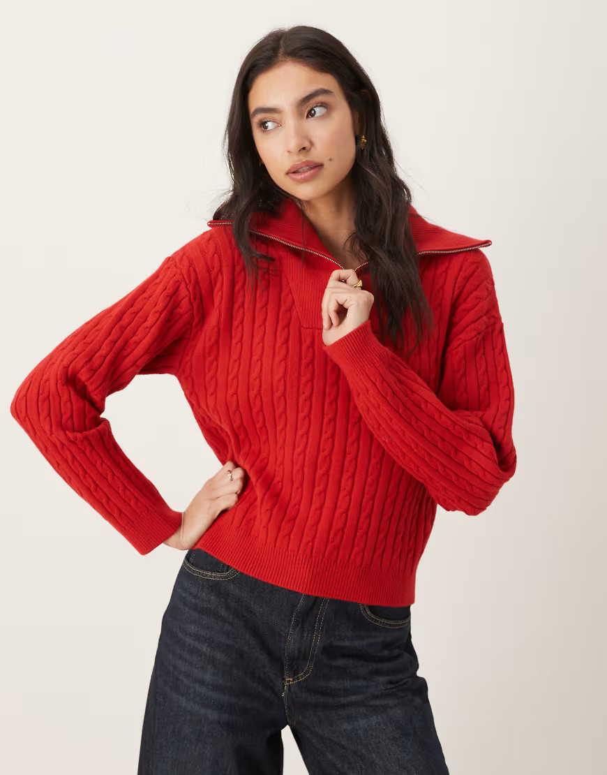 Mango cable knit quarter zip jumper in red | ASOS (Global)