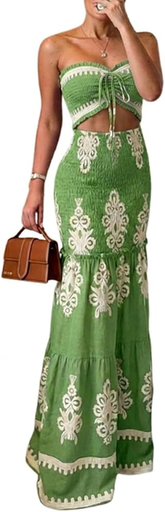 CHICME Floral Printed Prom Dress Tie Ruched Shirred Bandeau Party Dress Slim Fit Ruffle Hem Vacat... | Amazon (US)