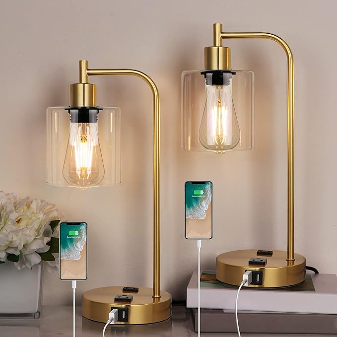 Qimh Set of 2 Industrial Touch Control Table Lamps with 2 USB Ports and 2 AC Outlets, 3-Way Dimma... | Amazon (US)