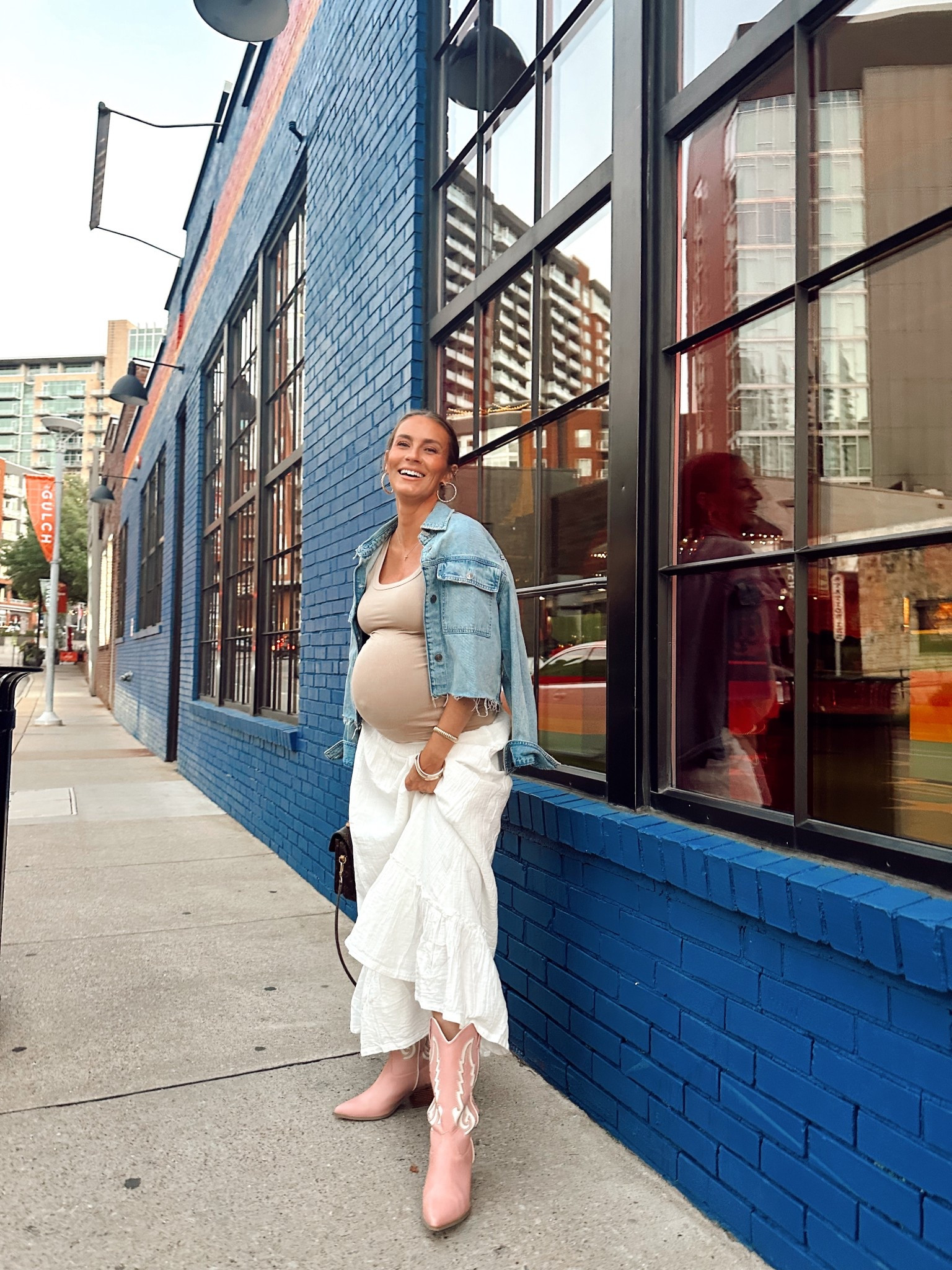Nashville outfit, date night outfit, bump-friendly maxi skirt, summer night look, Nashville ootd, cowboy boots outfit, maternity style, denim jacket outfit

#LTKBump #LTKSaleAlert #LTKShoeCrush