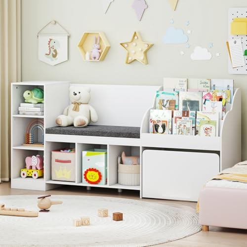 Costzon 67” Kids Bookshelf with Reading Nook, 4-in-1 Toy Storage Organizer w/Seat Cushion, Movable Drawer, 6 Cubbies & Adjustable Shelf, Reading Nook with Bench for Kids Room, Playroom, Nursery,White | Amazon (US)