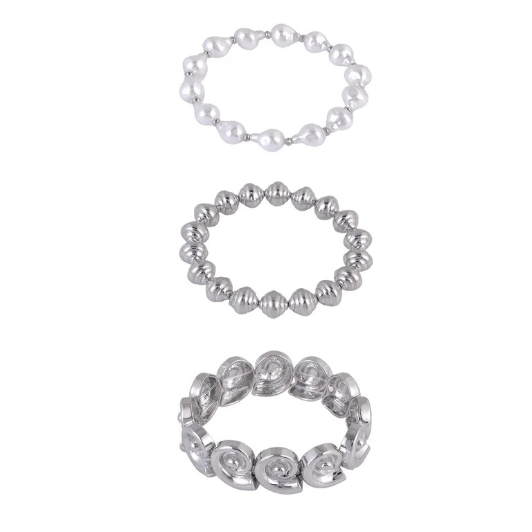 Time and Tru Silvertone 3pc Metal Swirl Shell and Acrylic Pearl Stretch Bracelet Set | Walmart (US)