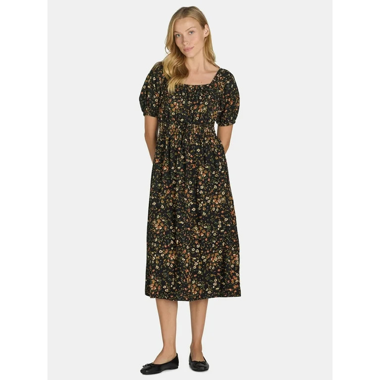 Time and Tru Women's Ruched Waist Print Midi Dress, Sizes XS-XXXL | Walmart (US)