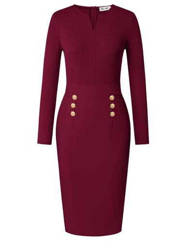 GRACE KARIN Women's 2026 Fall Henly V Neck Business Work Dress Long Sleeve Bodycon Midi Elegant Office Sheath Dress Wine Red XX-Large | Amazon (US)