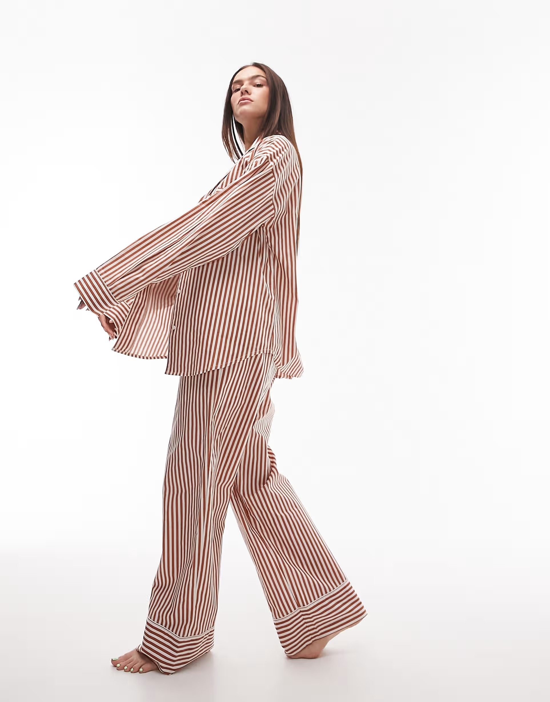 Topshop cotton stripe shirt and trouser pyjama set in rust | ASOS (Global)