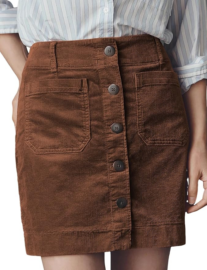 Dqbeng Women's Corduroy Mini Skirt High Waist Button Front A-Line Short Skirt with Pockets | Amazon (US)