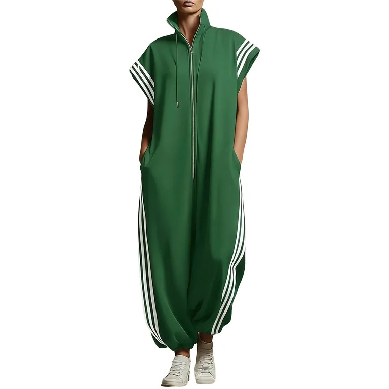 XPMWRP Women's Zipper Jumpsuit with Stripe Detail Casual Loose One-Piece Outfit with Pockets for ... | Walmart (US)