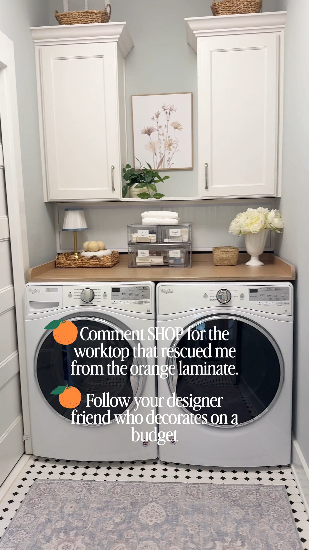 I’ve banished the orange! If you only knew the time I spent evaluating the finish BEFORE I ordered the first top…but I learned the hard way. 
Apart from the finish, I LOVE having this worktop on top of my washer/dryer. It’s a great way to reclaim space, add a contrasting finish to warm the space and be assured you aren’t going to lose socks in between your units. 

SpaceAid’s top came well-packaged, with plenty of screws and one tool to set it up. It’s lightweight enough to carry up the stairs and set in place. 

It’s definitely an addition worth having in your laundry space! And if you’re a fan of the maple wood tone, they have that too. 🩶
Everything linked below! 

#spaceaid #laundryworktop #laundryroommakeover #washerdryertop

#LTKHome