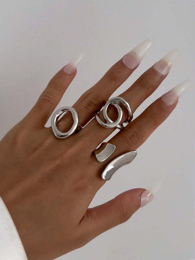 3pcs/Set Unique Punk Style Exaggerated Glossy Round Open Rings, Geometric Curved Surface Rings, And Geometric Glossy Cross Rings | SHEIN