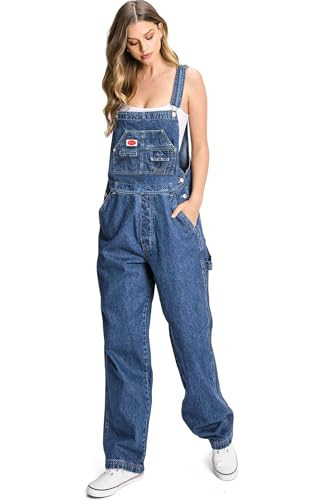 Revolt Women's Juniors Baggy Straight Leg Twill Overalls (16, Medium Denim) | Amazon (US)