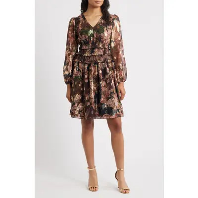 Eliza J Print Smocked Waist Long Sleeve Dress in Blck Multi at Nordstrom, Size 12 | Nordstrom