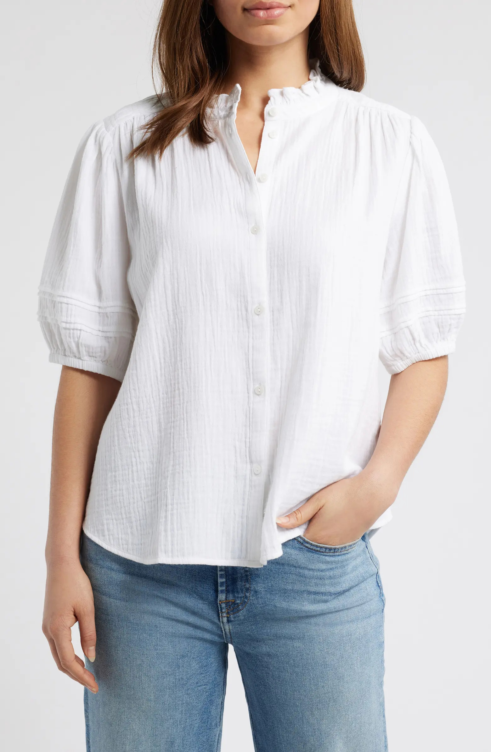 Caslon® Ruffle Band Collar Cotton Gauze Button-Up Top | Nordstrom | Nordstrom