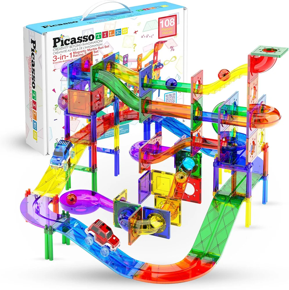 PicassoTiles 108pc 3-in-1 Marble Run Car Race Track Combo Magnetic Tiles PicassoToys Magnet Build... | Amazon (US)