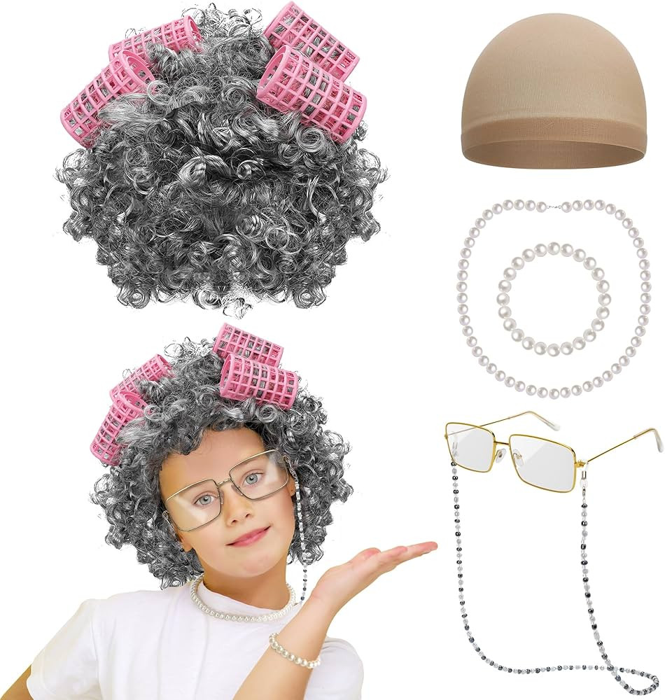 100 Days of School Costume, Old Lady Black White Curly Wig Glasses Wig Cap Necklace Bracelet Hair... | Amazon (US)