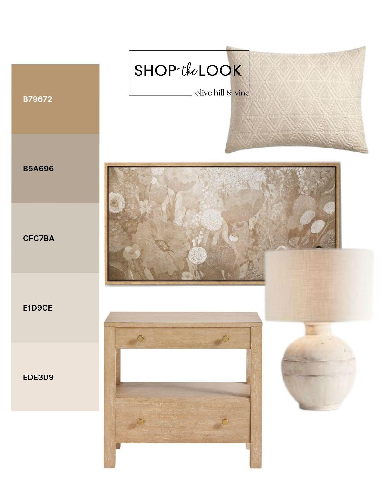 A soft, tonal palette sets the direction for this serene bedroom mood board. Warm wood, creamy texture, sculptural lighting, and oversized floral artwork come together for a look that feels collected, calming, and quietly elevated.

#LTKHome