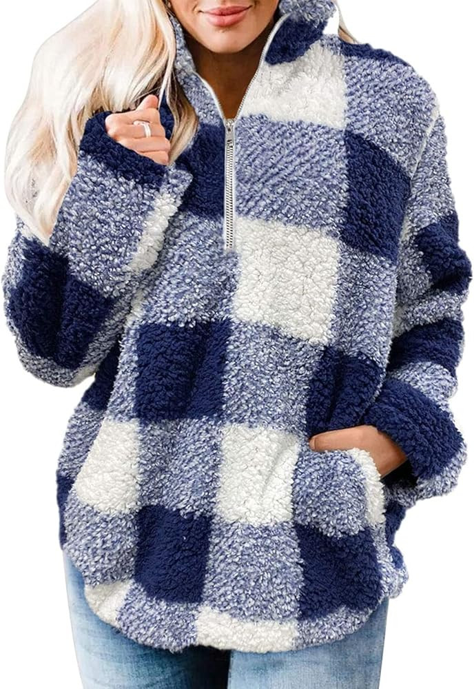 ZESICA Women's Plaid Long Sleeve Zipper Sherpa Fleece Sweatshirt Pullover Jacket Coat | Amazon (US)