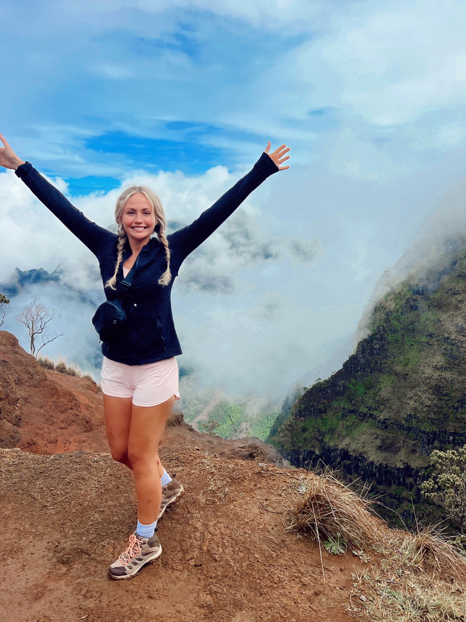 Hiking outfit! Size 6 in lulu lemon shorts, sports bra, and jacket. Boots from Amazon size 8. 
Pink fitness matching set black zip up #ltkit #ltktravel #travel #hiking #hike #kauai #hawaii #adventure #travel #hikingoutfit #workoutoutfit #vacationoutfits #lululemon #alo

#LTKfindsunder100 #LTKfitness #LTKstyletip