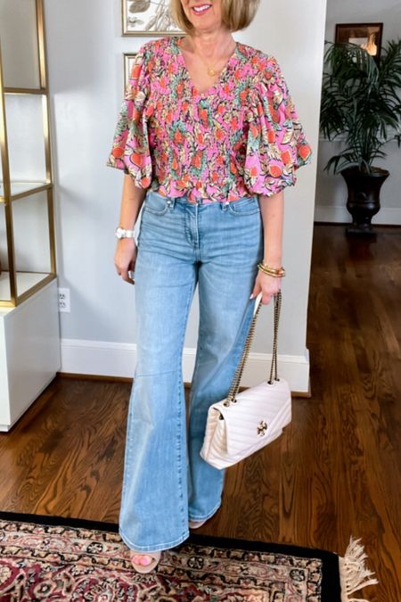 Fun colorful tops and wide leg jeans! Jeans are buy one get one 50% off. Wearing the regular length in jeans and I’m 5’3”. Also wearing 2 inch heels
Code - CarlaC15 for green top
Code - Spring30 for multicolored top
Spring style 

#LTKstyletip #LTKsalealert #LTKSeasonal