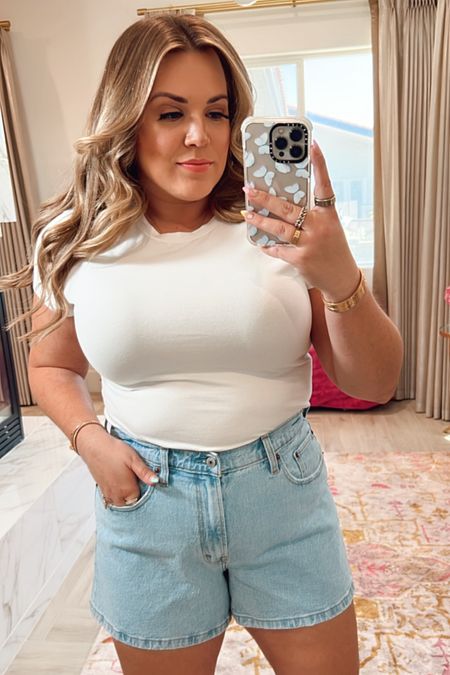 curvy spring denim shorts look! wearing size xl in fitted white cropped tee and size 32 in light wash denim shorts 

#LTKcurves #LTKunder50 #LTKSeasonal