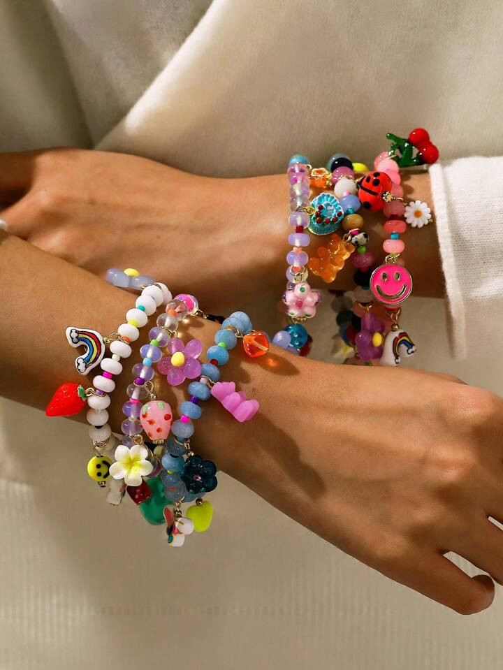 1/4pcs Cross-Border Luxury Colorful Dopamine Glass Bead Stone Beaded Bracelet, Ceramic, Glass And... | SHEIN