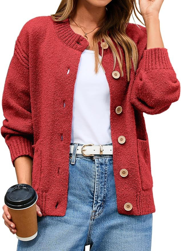 Glamaker Womens Fall Cardigans Sweaters Chunky Button Up Crew Neck Fuzzy Knit Long Sleeve Open Fr... | Amazon (US)