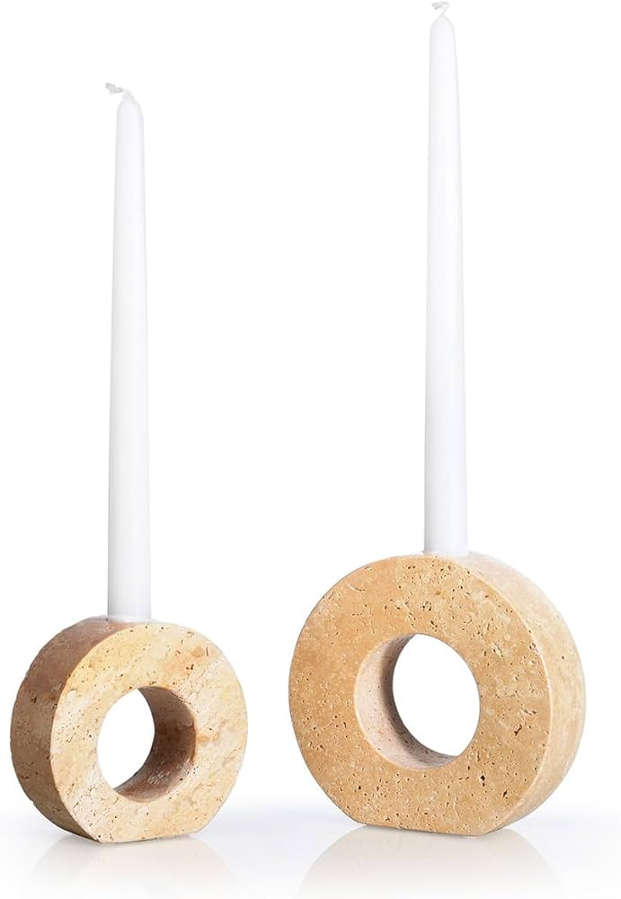 Marble Candle Holders Set of 2, Natural Beige Travertine Stone Candlestick Holders fit Φ0.75 Inc... | Amazon (US)