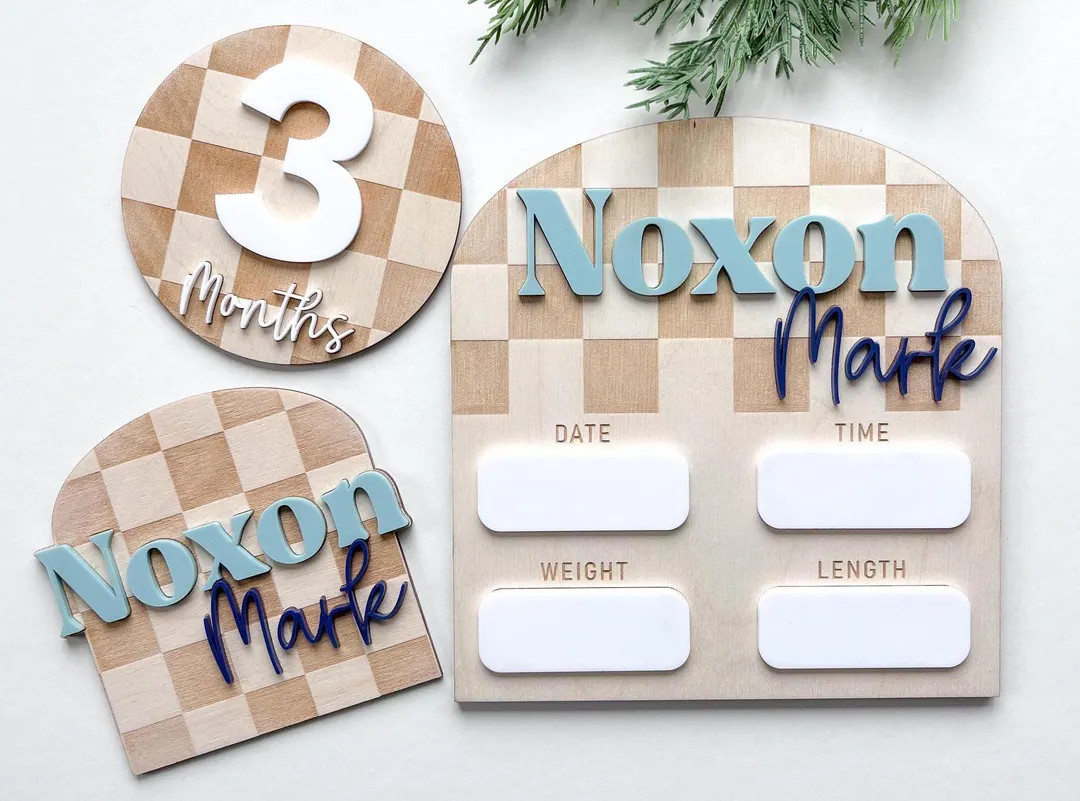 Checkered Baby Milestones Birth Announcement Sign Newborn Announcement Baby Shower Custom Keepsak... | Etsy (US)