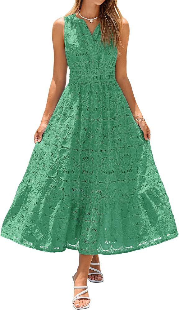 Simplee Women Summer Sleeveless Eyelet Maxi Dress 2026 Lace Casual V Neck A Line Boho Flowy Beach... | Amazon (US)