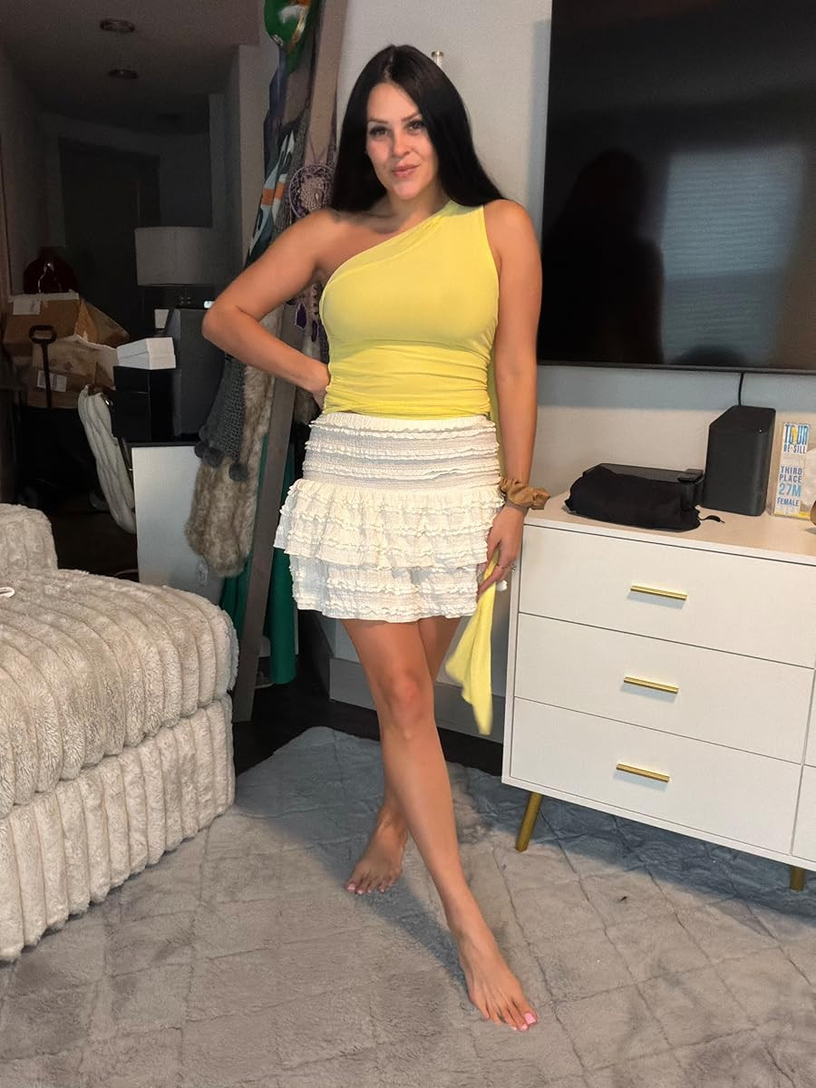 A perfect summer pairing: this bright yellow one-shoulder top with a ruffled white mini-skirt! #LTKSummerOutfits #OneShoulderTop #RuffleMini 

 #LTKHoliday #LTKdayinmylife #LTKootd