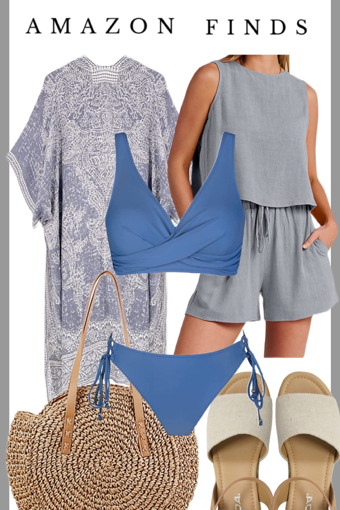 Beachwear for women including blue bikini, cover up wrap, two piece shorts and top set, sandals and rattan bag. 

#LTKFind #LTKswim #LTKstyletip