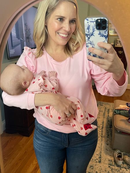 Pink puff sleeve sweatshirt with bow back, cropped jeans, mom outfit, SAHM outfit, baby girl sleeper, baby girl outfits 

#LTKfindsunder100 #LTKfindsunder50 #LTKbaby