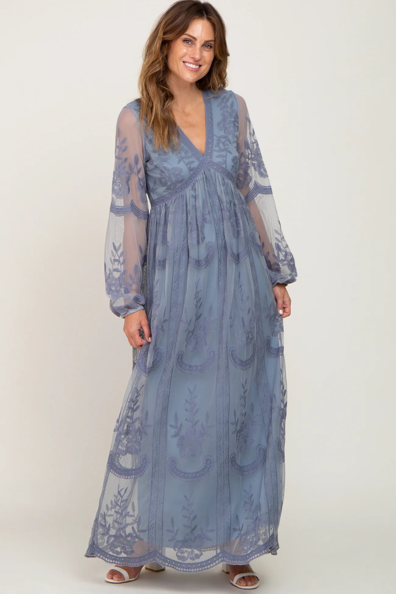 PinkBlush Blue Grey Lace Mesh Overlay Long Sleeve Maternity Maxi Dress | PinkBlush Maternity