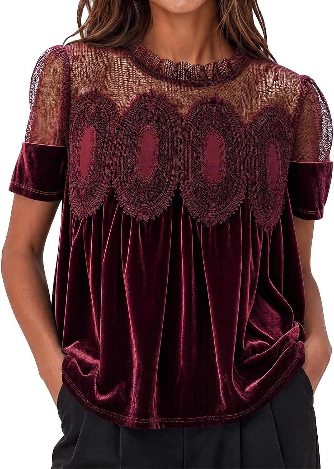 Cicy Bell Womens Velvet Lace Tops Babydoll Puff Short Sleeve Peplum Blouse | Amazon (US)