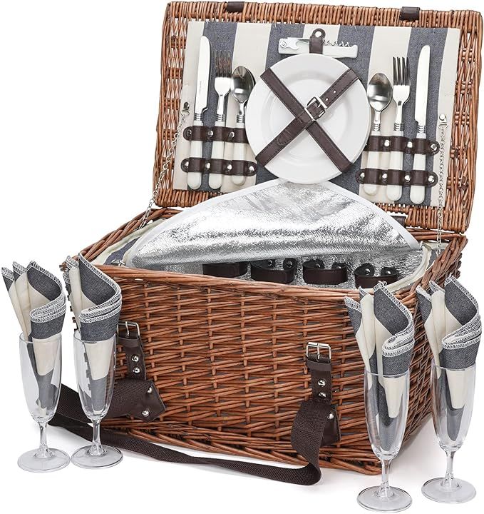 HappyPicnic Willow Picnic Basket Set for 4 Persons, Wicker Picnic Hamper with Insulated Cooler an... | Amazon (US)